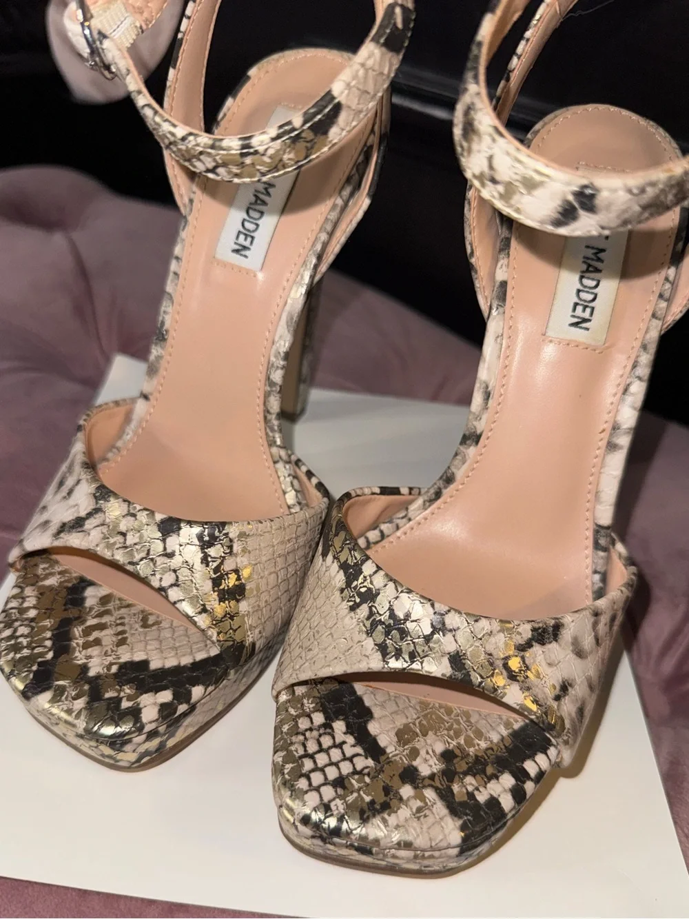 Steve Madden Snakeskin Platform Ankle-Strap Heels in Neutral Tones